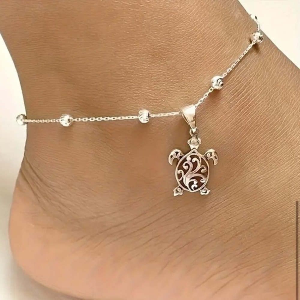 Silver Beaded Turtle Ankle Bracelet Anklet
